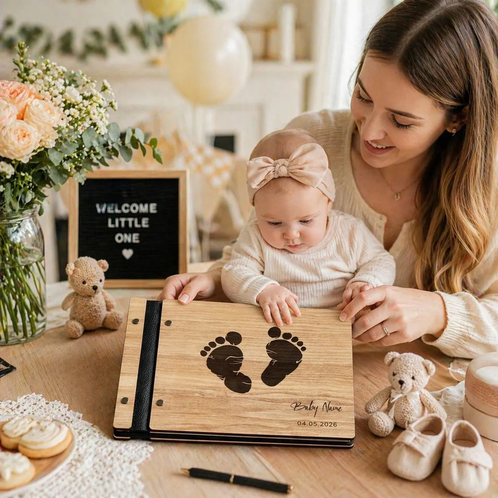Wooden and Genuine Leather Guestbook for Baby Shower,Gift for Expectant Parents