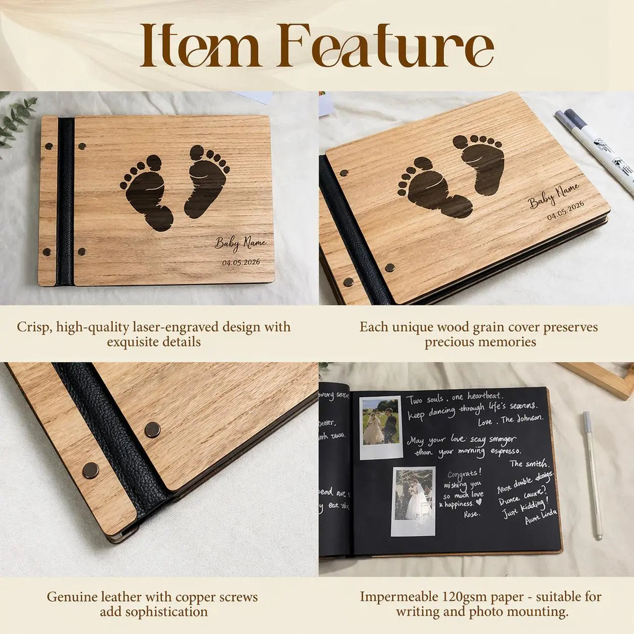 Wooden and Genuine Leather Guestbook for Baby Shower,Gift for Expectant Parents