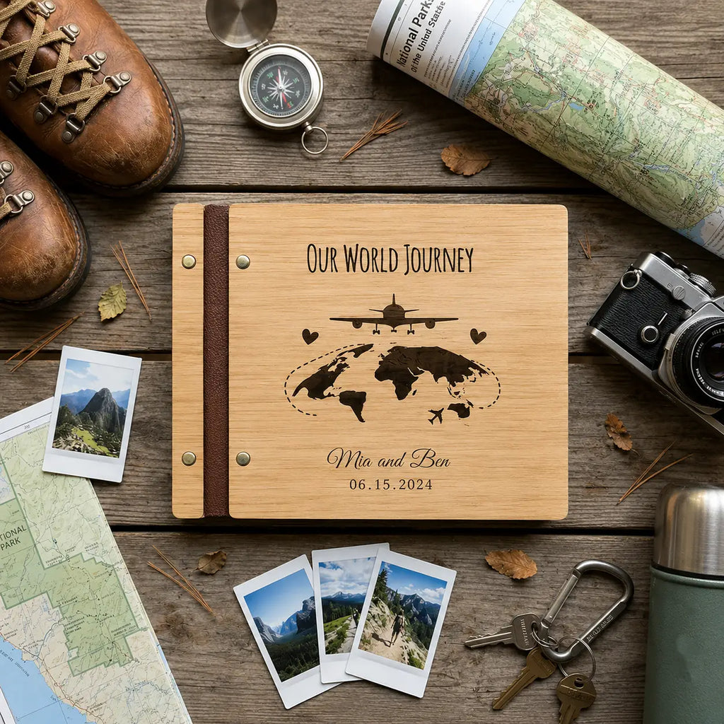 Personalized Wooden Adventure Book: Engraved Travel Scrapbook,Valentine's Day gift
