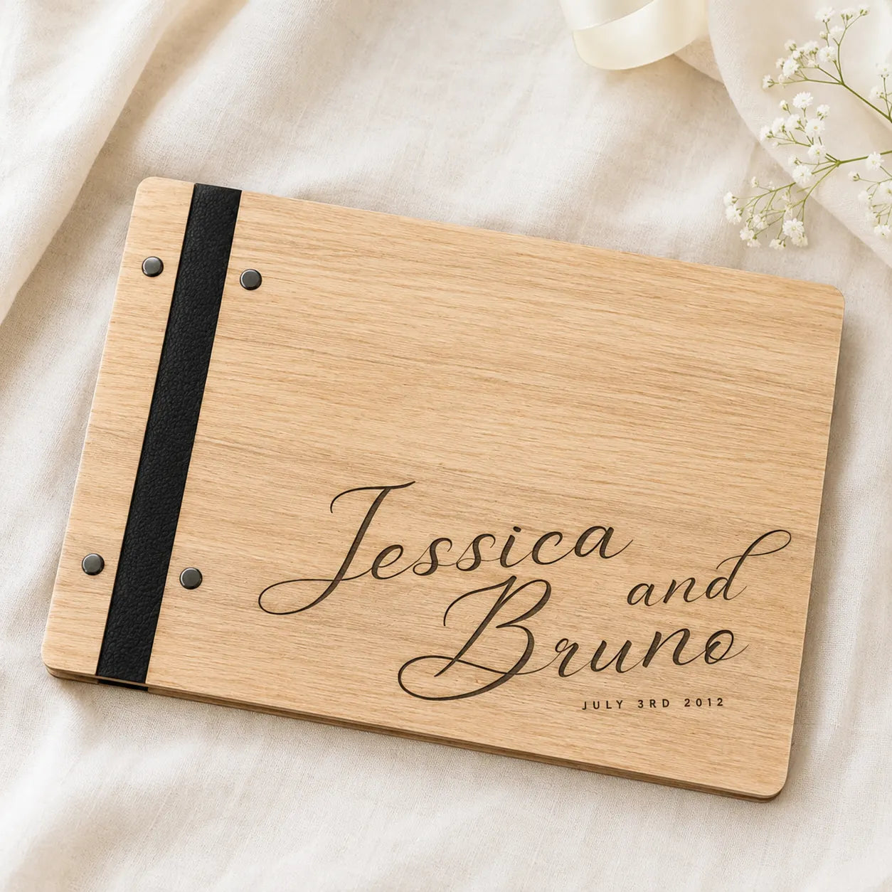Custom Engraved Wood Wedding Guest Book - Names & Date Keepsake