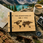Wooden Travel Journal | World Map Scrapbook | Couples Adventure Book | Father's Day  Gift | Custom Names