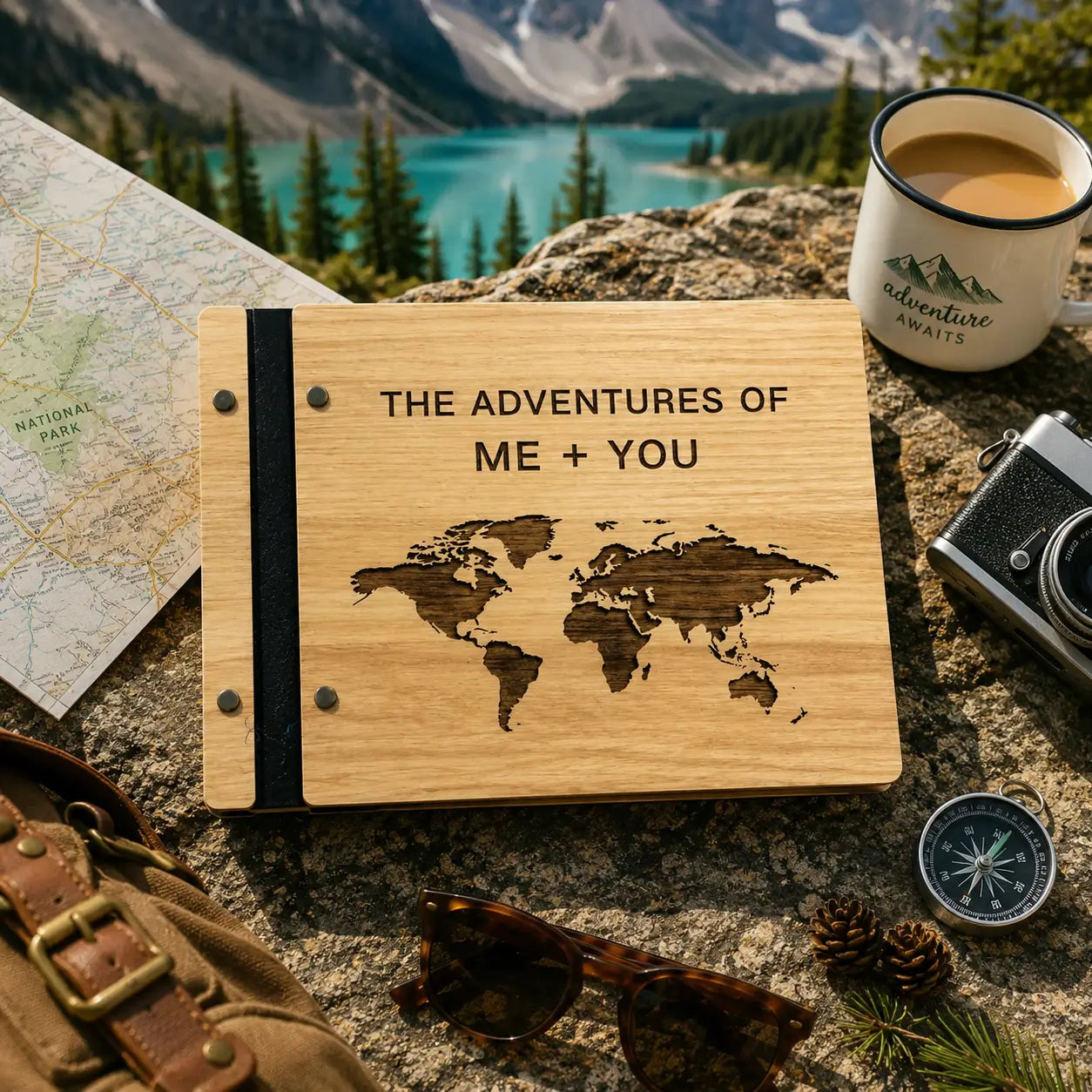 Wooden Travel Journal | World Map Scrapbook | Couples Adventure Book | Father's Day  Gift | Custom Names