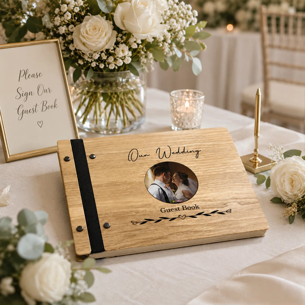 Engraved Wooden Wedding Guest Book with Photo Slot