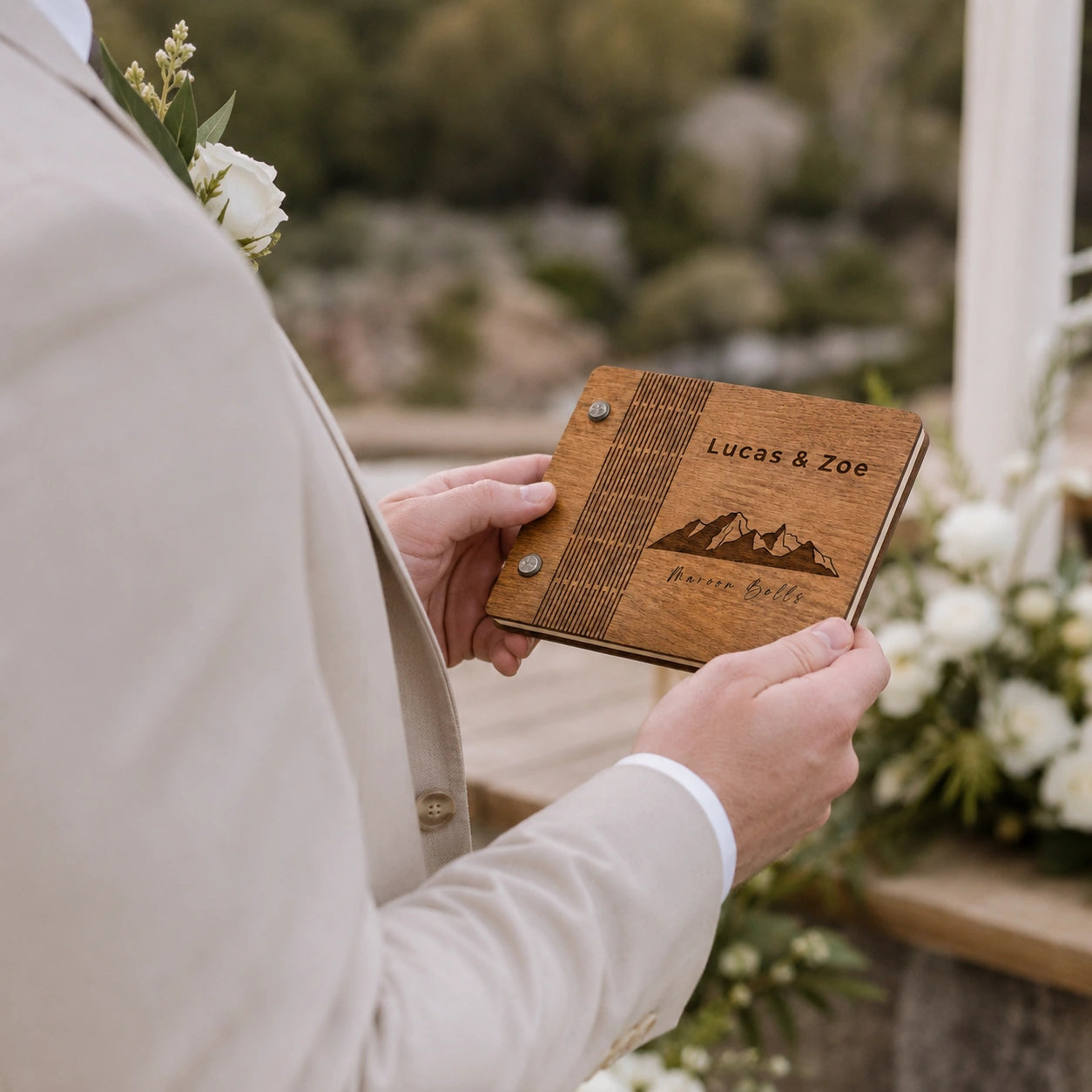 Personalized Wooden Vow Book, Rustic Mountain Engraving, Wedding Guestbook