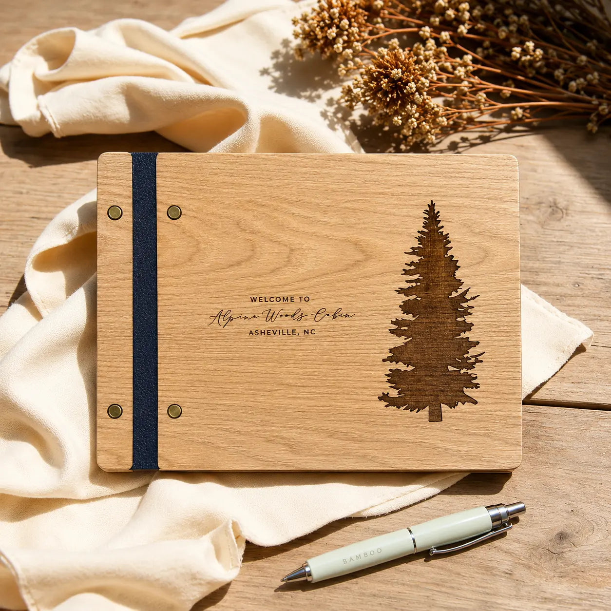 Wooden Guest Book, Pine Tree Guestbook, Custom Cabin Lodge Welcome Book for Airbnb