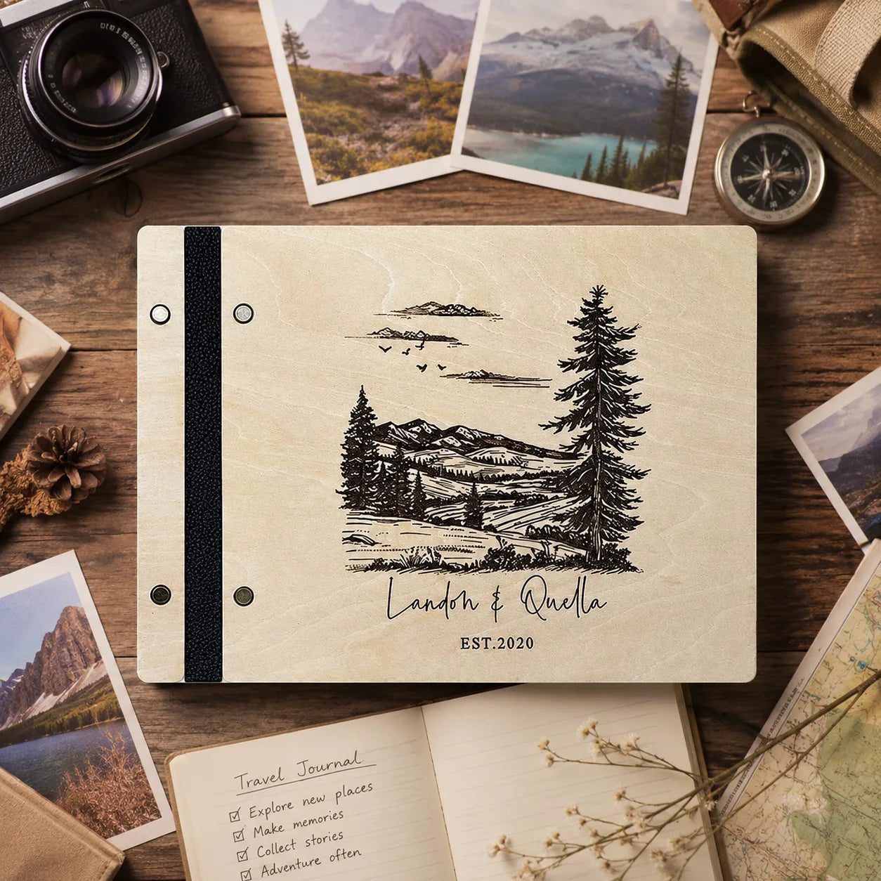 Custom Engraved Wooden Guest Book: Adventure Scrapbook Album