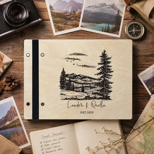 Custom Engraved Wooden Guest Book: Adventure Scrapbook Album
