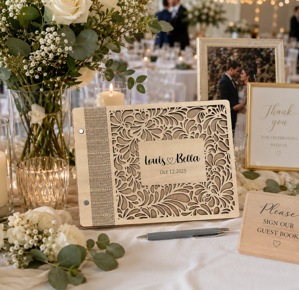 Personalized Engraved Wooden Wedding Guest Book, Custom Engraved Guestbook