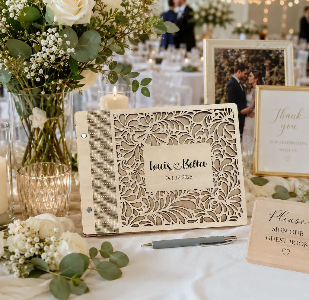 Personalized Engraved Wooden Wedding Guest Book, Custom Engraved Guestbook