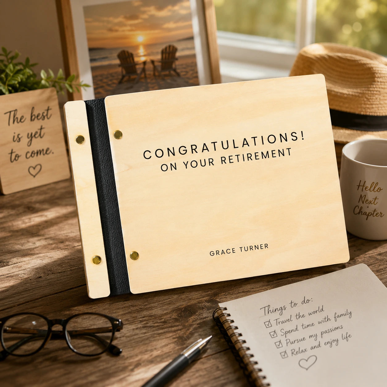 Personalized Wooden Retirement Commemorative Photo Album: Engraved Album, Leather Binding