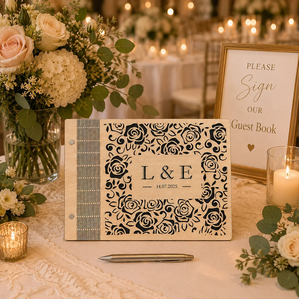 Personalized Wooden Wedding Guest Book | Rose Laser Cut Sign-In Book | Gifts for Couple