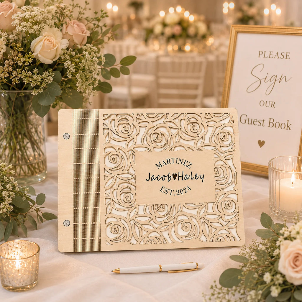 Personalized Wooden Wedding Guest Book | Engraved Rose Cutout Design | Custom Sign-In Book & Keepsake Album