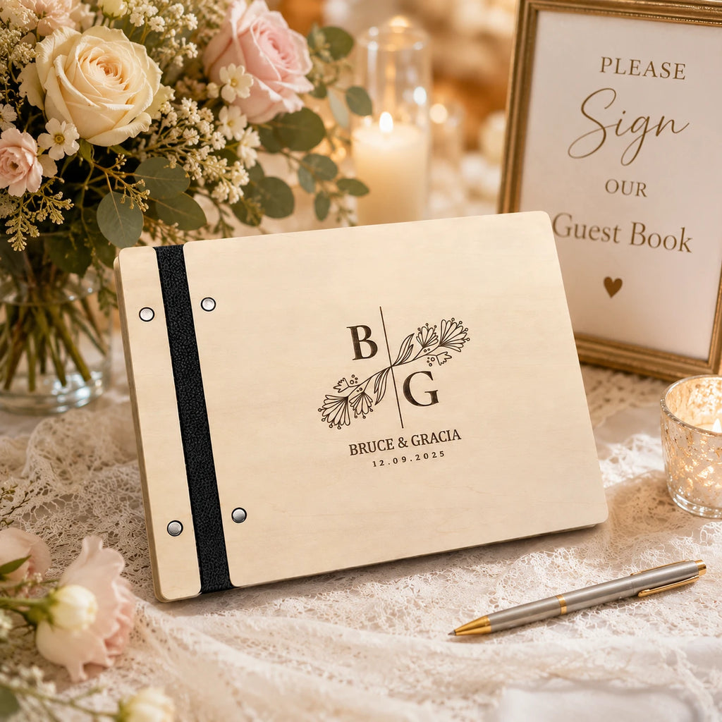 Personalized Wooden Wedding Guest Book: Engraved Photo Album