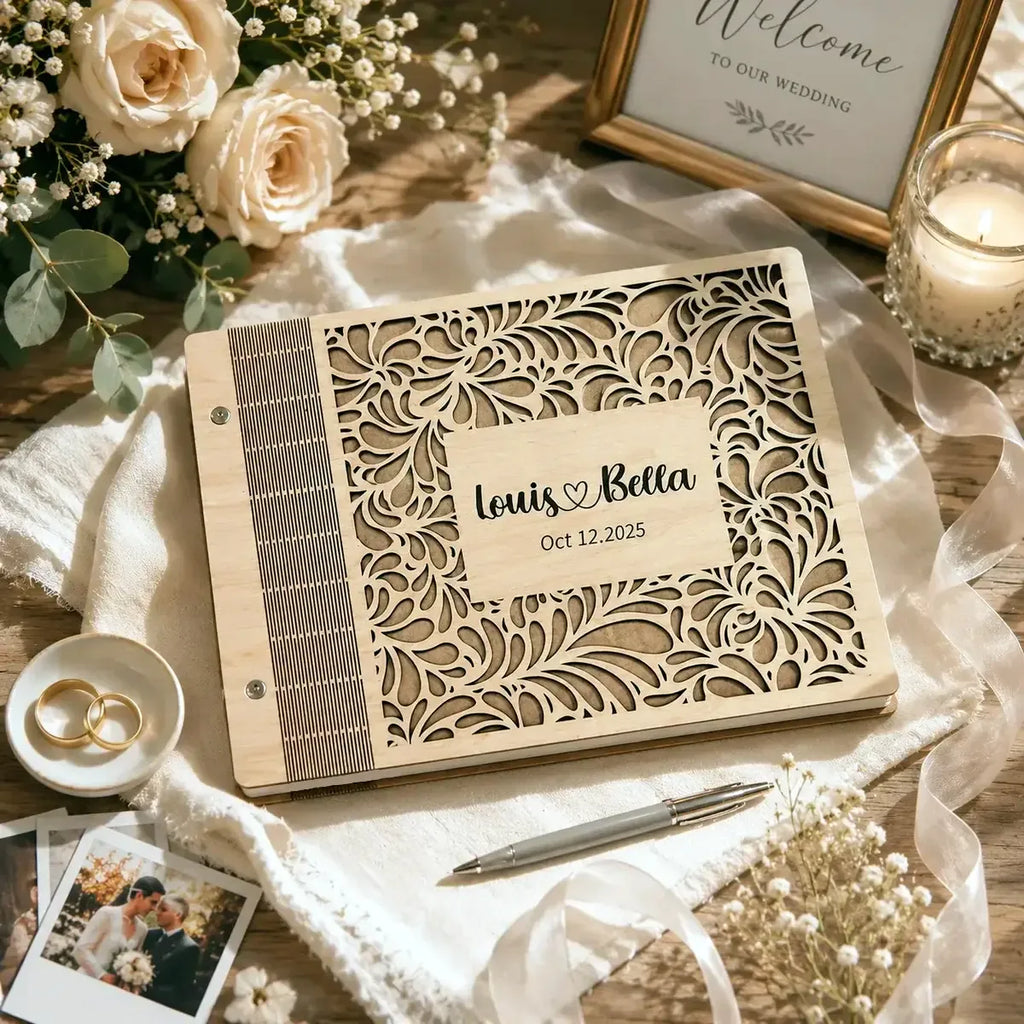 Personalized Engraved Wooden Wedding Guest Book, Custom Engraved Guestbook