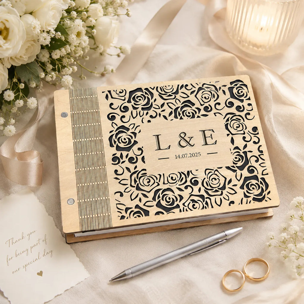 Personalized Wooden Wedding Guest Book | Rose Laser Cut Sign-In Book | Gifts for Couple