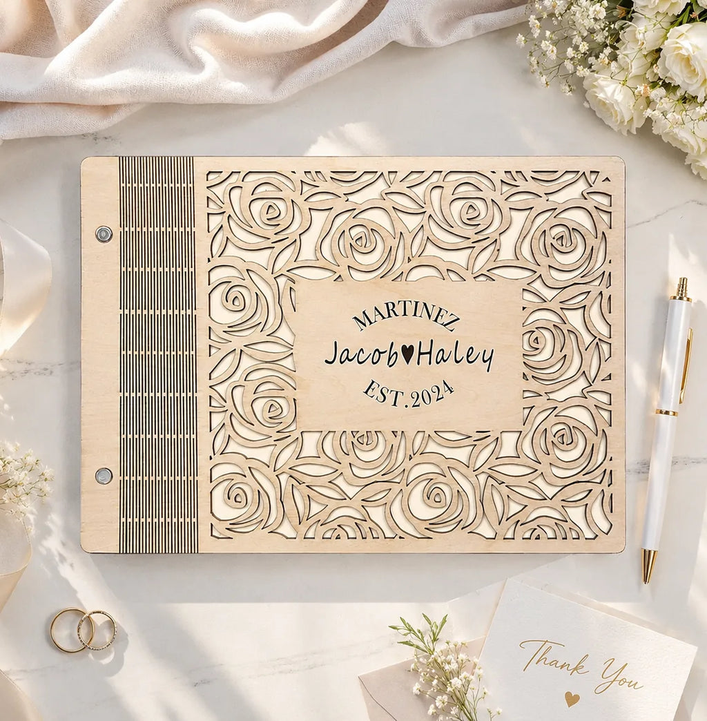 Personalized Wooden Wedding Guest Book | Engraved Rose Cutout Design | Custom Sign-In Book & Keepsake Album