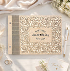 Personalized Wooden Wedding Guest Book | Engraved Rose Cutout Design | Custom Sign-In Book & Keepsake Album