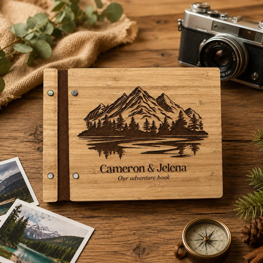 Custom Engraved Wooden Guest Book: Adventure Scrapbook Album