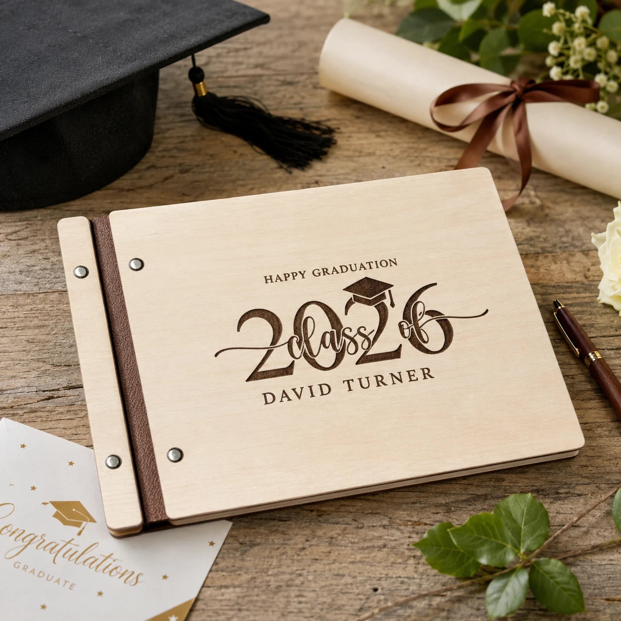 Personalized Wooden Graduation Guest Book | Custom Yearbook &amp; Memory Album