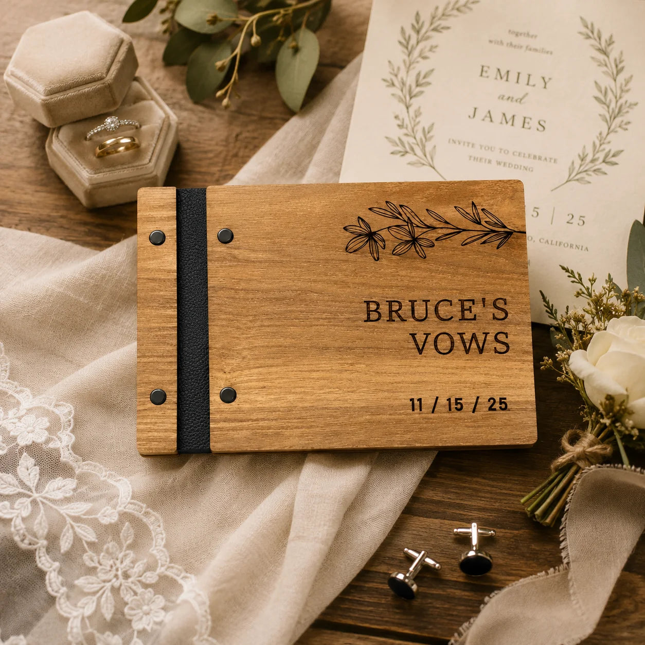 Personalized Wooden Wedding Guest Book: Engraved Photo Album Keepsake