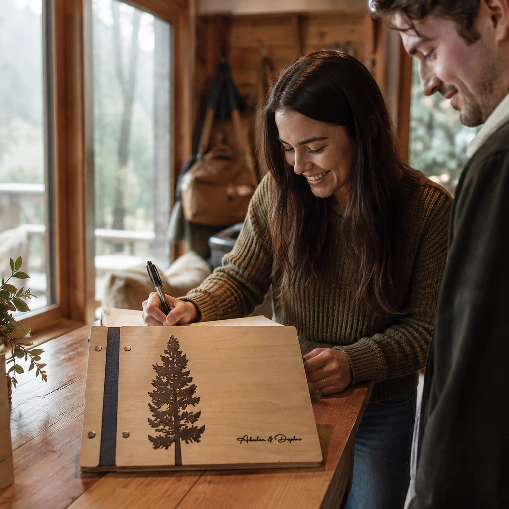 Wooden Guest Book, Pine Tree Guestbook, Custom Cabin Lodge Welcome Book for Airbnb