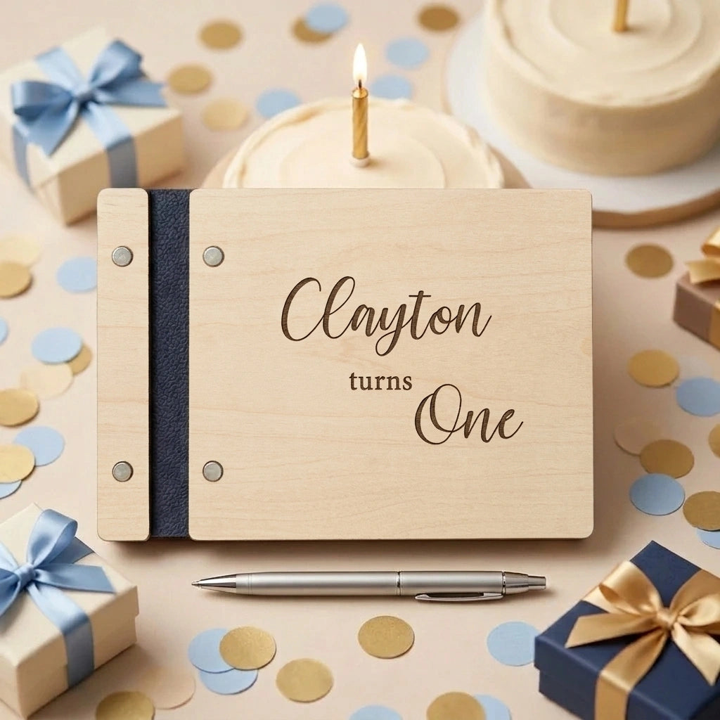 Personalized Wooden Guest Book: Photo Album Turns One Gift for Birthday Keepsake