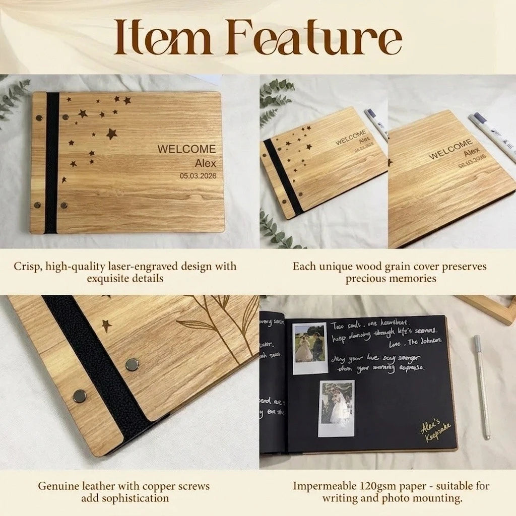 Wooden and Genuine Leather Guestbook for Baby Shower,Gift for Expectant Parents
