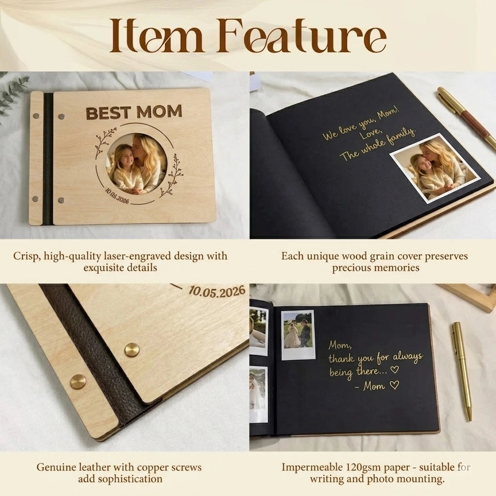 Personalized Wooden Mother's Day Keepsake, Handcrafted Photo Album & Memory Book Gift for Mom
