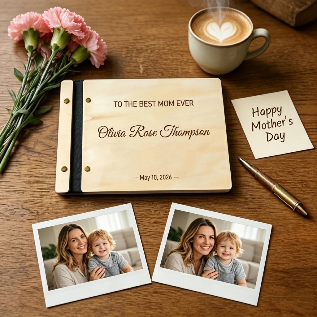 Custom Mother's Day Gift - Personalized Wooden Photo Album & Guestbook