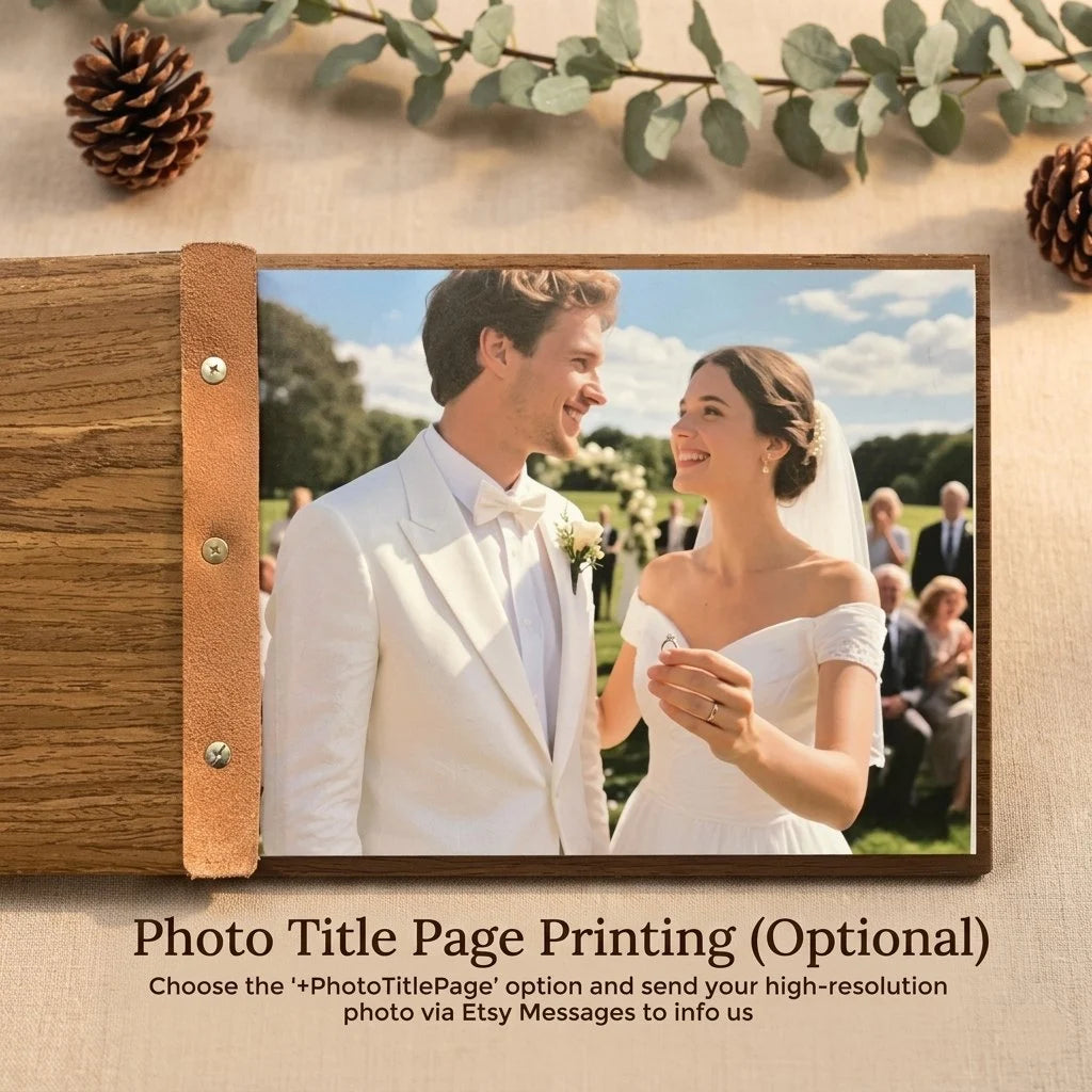 Personalized Wooden Wedding Guest Book: Engraved Photo Album, Leather Bound