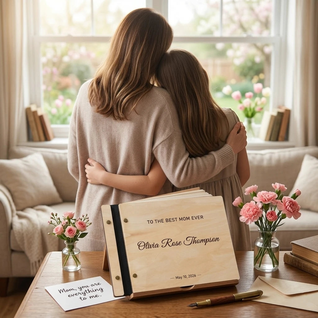 Custom Mother's Day Gift - Personalized Wooden Photo Album & Guestbook