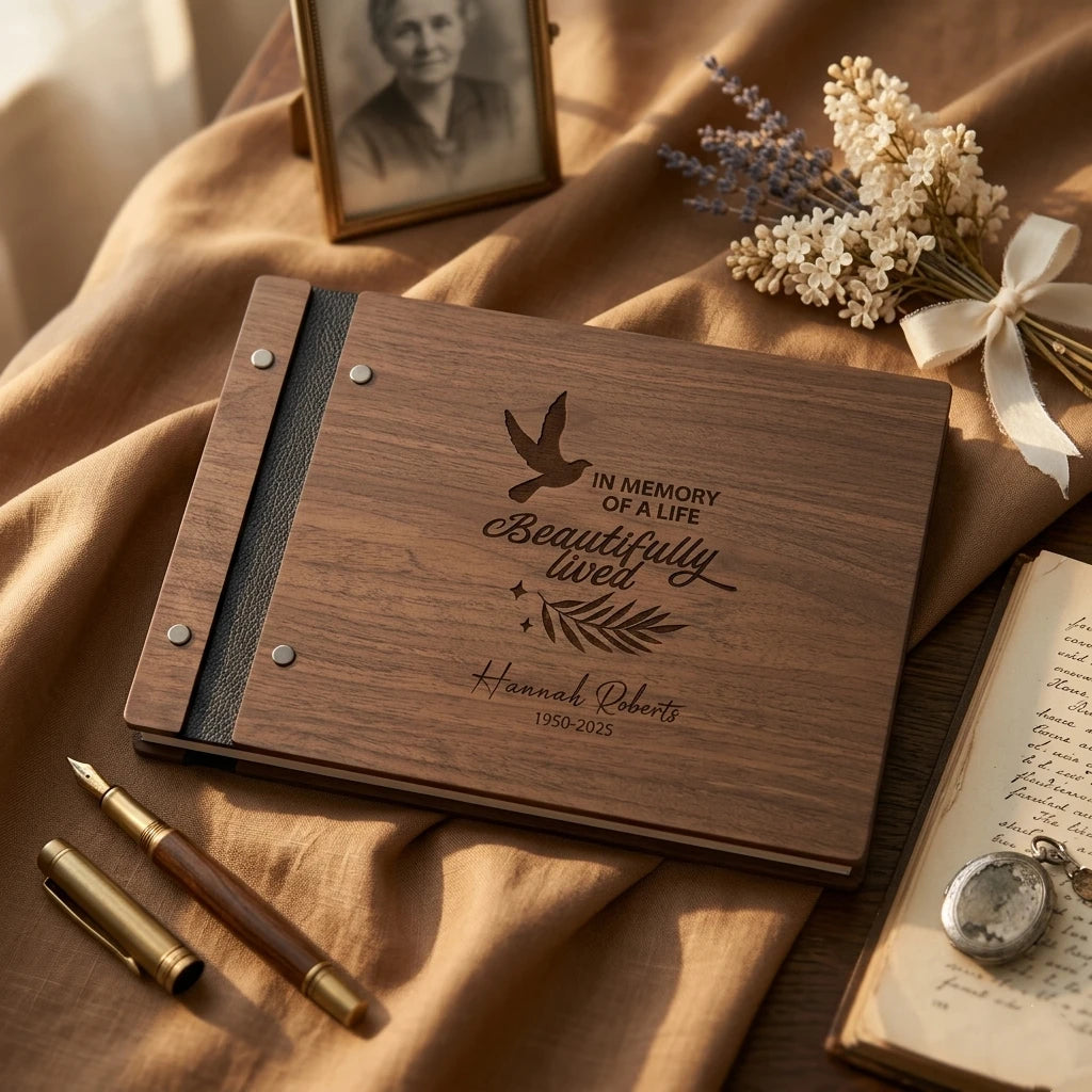 Personalized Wooden Memorial Guest Book | Celebration of Life Sign-In Book | Engraved Remembrance Keepsake Album