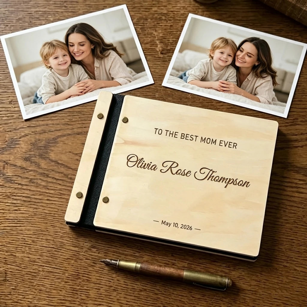 Custom Mother's Day Gift - Personalized Wooden Photo Album & Guestbook