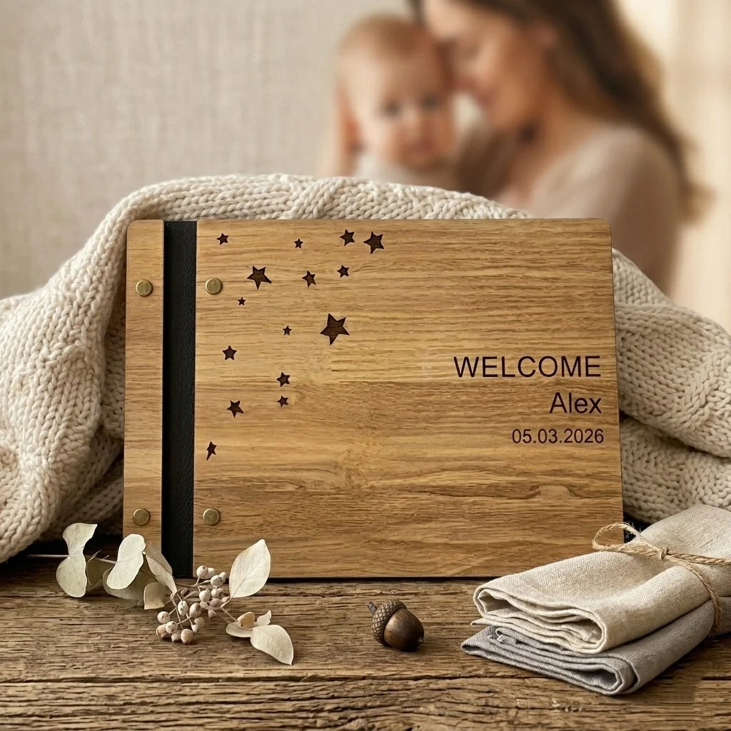 Wooden and Genuine Leather Guestbook for Baby Shower,Gift for Expectant Parents