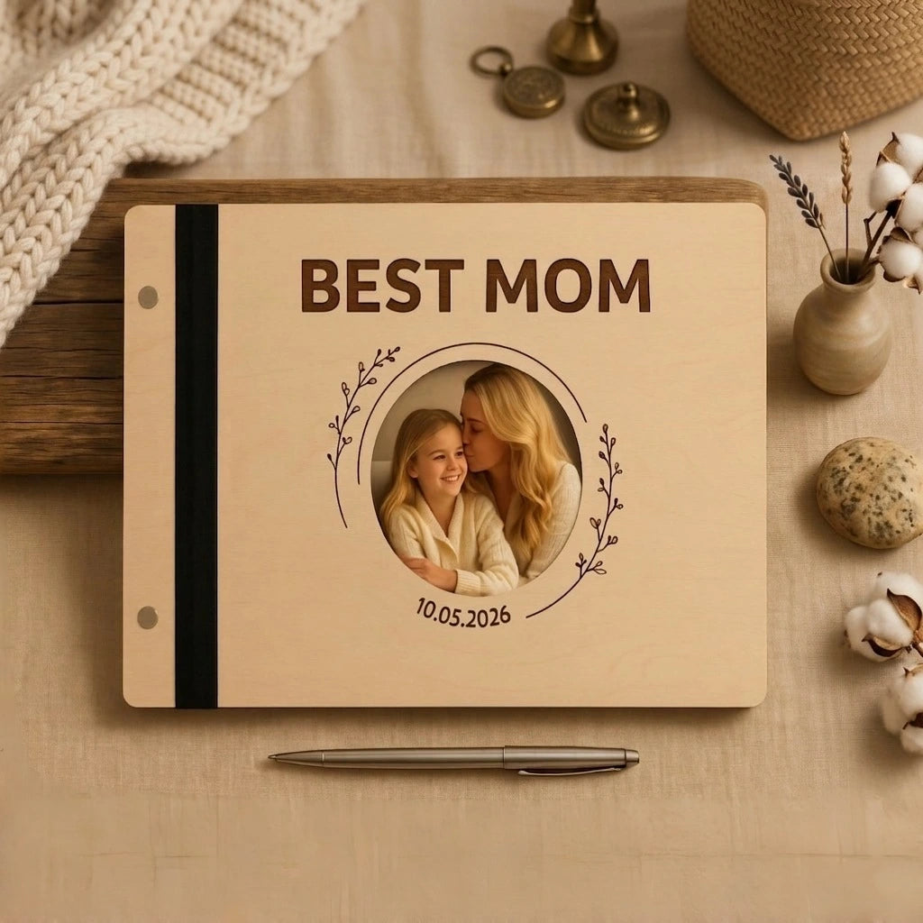 Personalized Wooden Mother's Day Keepsake, Handcrafted Photo Album & Memory Book Gift for Mom