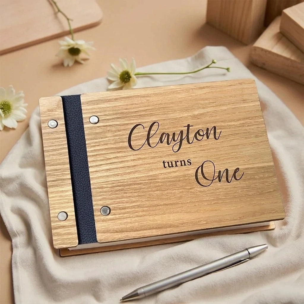 Personalized Wooden Guest Book: Photo Album Turns One Gift for Birthday Keepsake