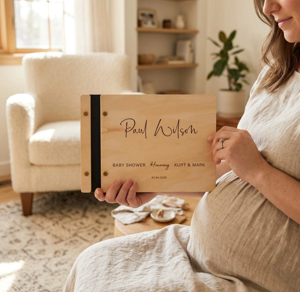 Wooden and Genuine Leather Guestbook for Baby Shower,Gift for Expectant Parents