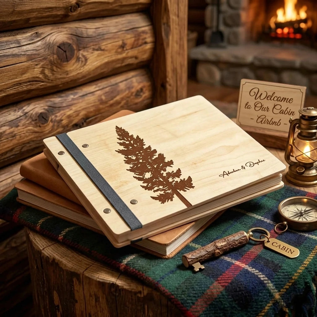 Personalized Pine Tree Guest Book for Airbnb Cabins Lodge, Vacation home Welcome Journal
