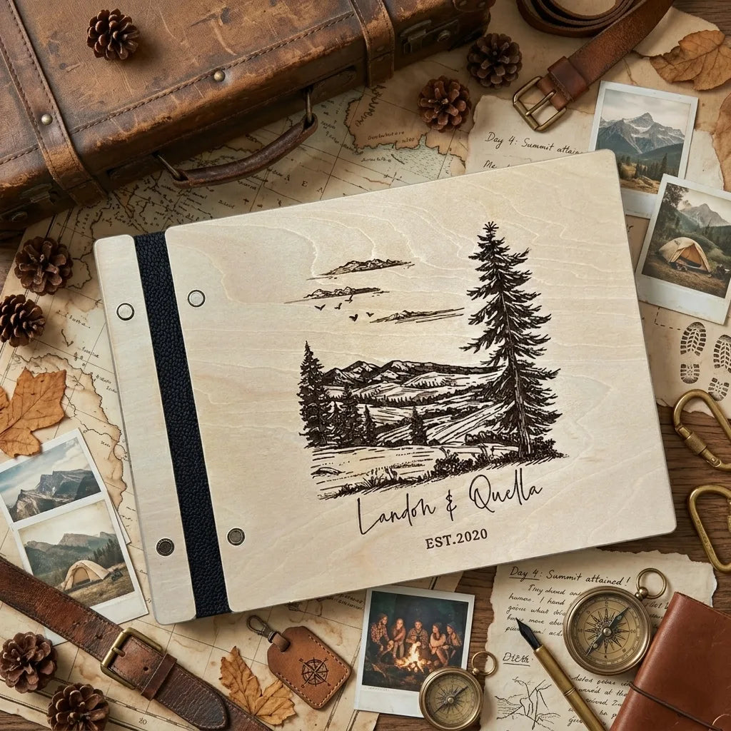Custom Engraved Wooden Guest Book: Adventure Scrapbook Album