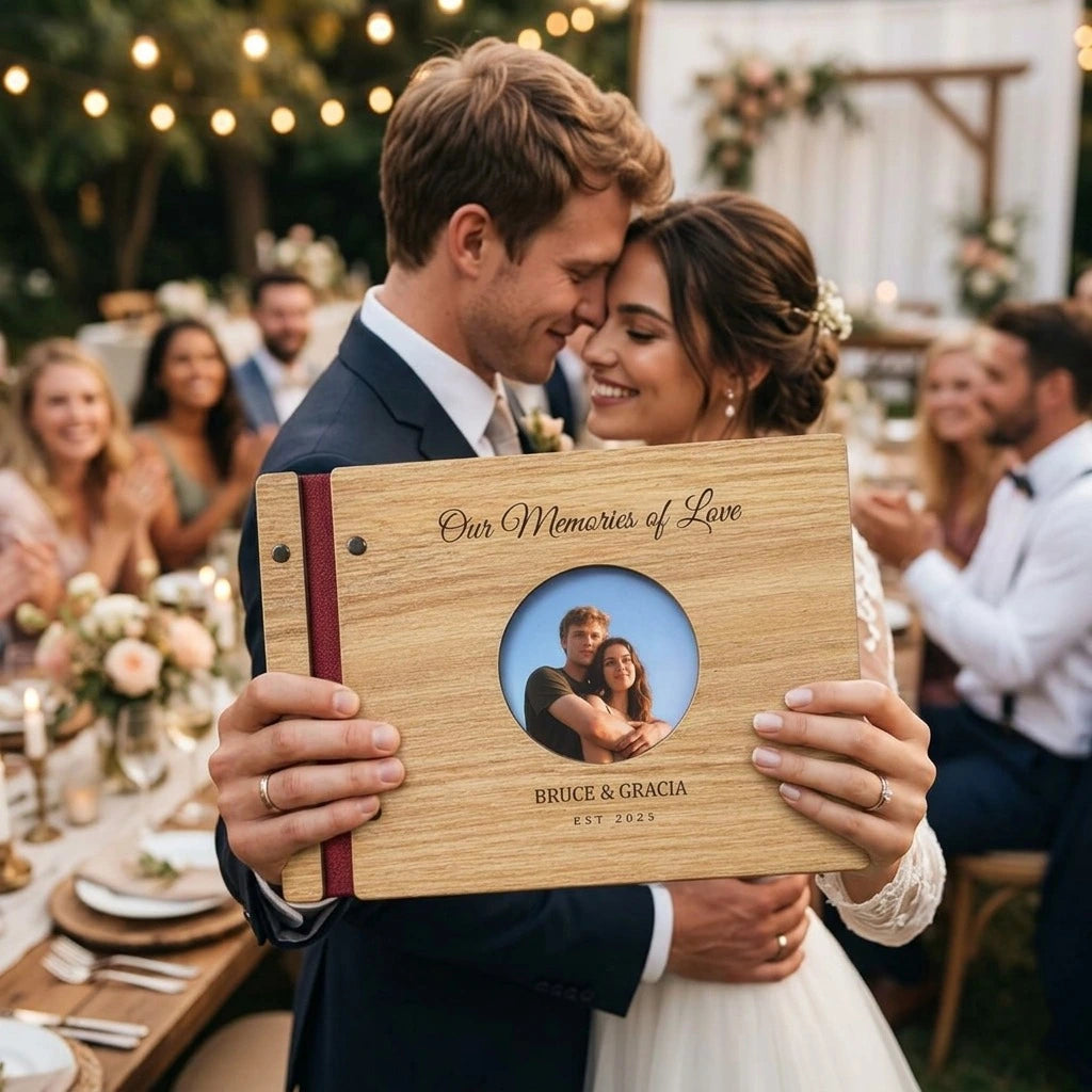 Personalized Wooden Wedding Guest Book: Engraved Photo Album Keepsake