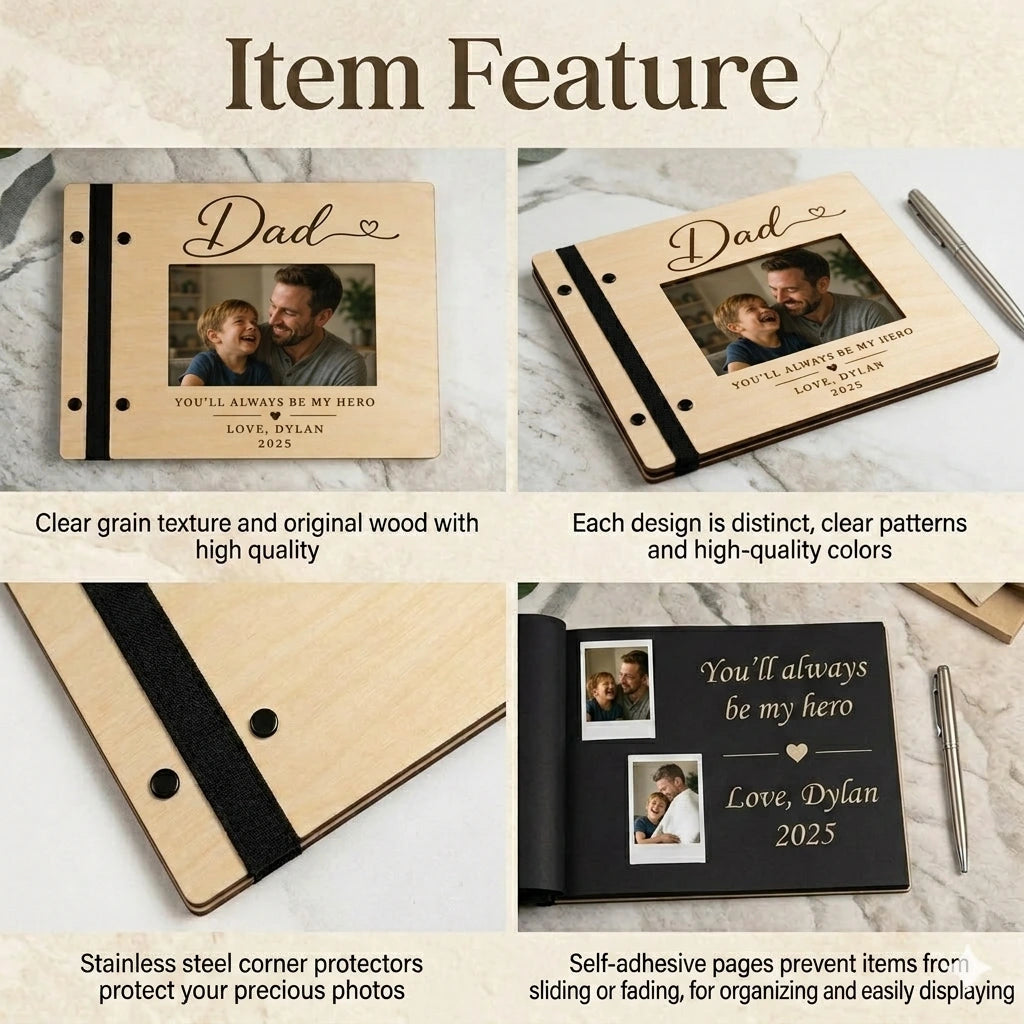 Custom Engraved Wood Scrapbook | Personalized Dad Photo Album | Best Father’s Day Keepsake Gift