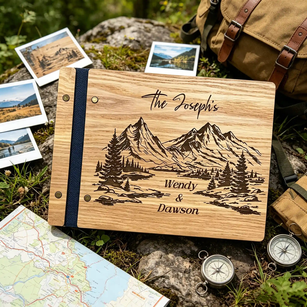 Personalized Wooden Travel Guest Book - Adventure Scrapbook Album, Adventure Lovers, Campers