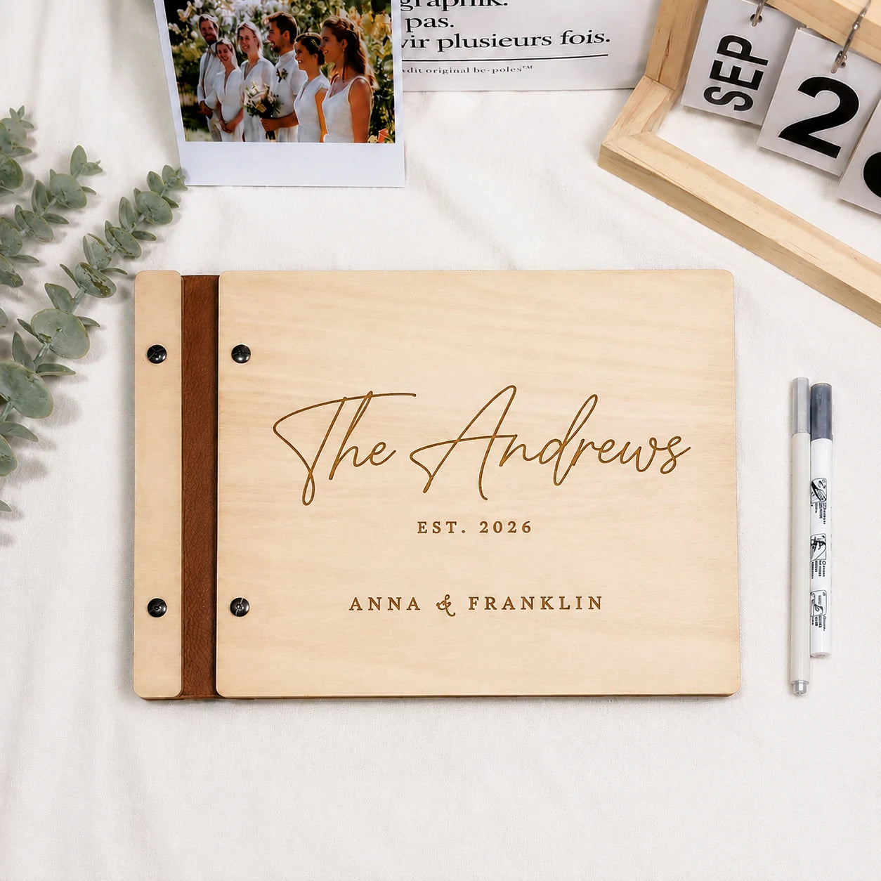 Personalized Family Name Wedding Guest Book – Engraved Wooden Keepsake