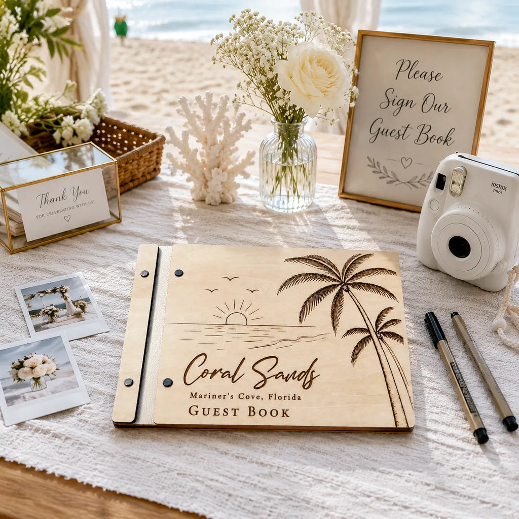 Personalized Coastal Wooden Guest Book – Palm Tree Beach Wedding Guest Book