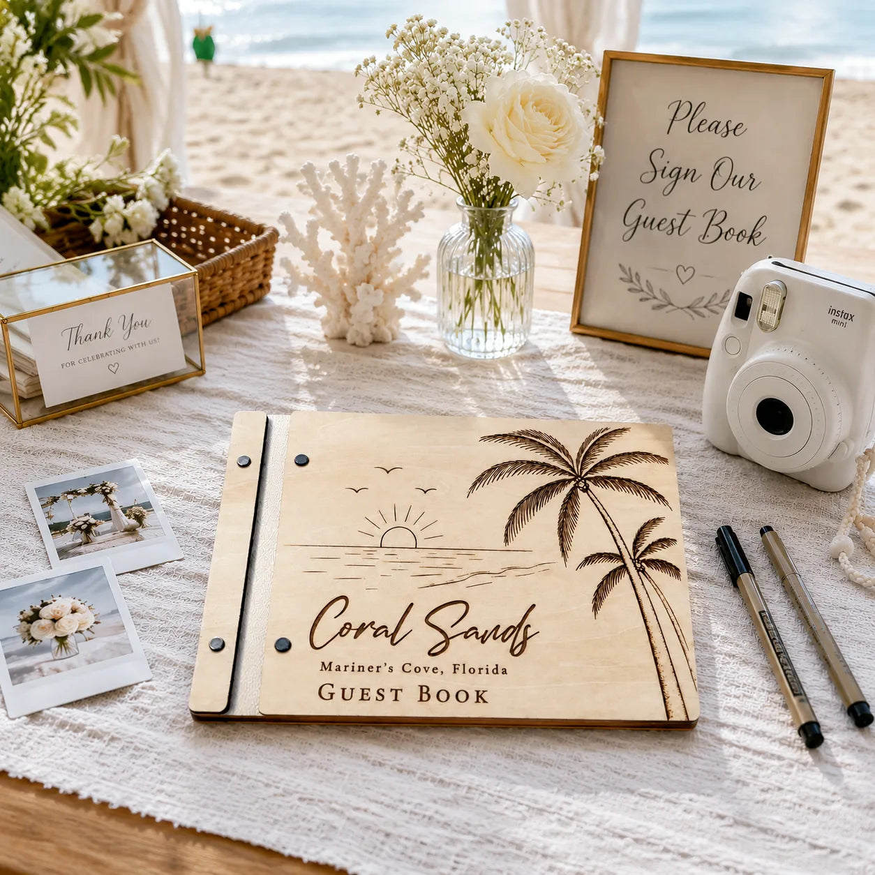 Personalized Coastal Wooden Guest Book – Palm Tree Beach Wedding Guest Book