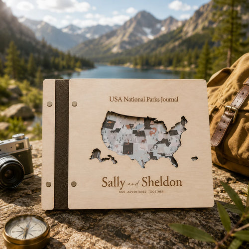 63 USA National Parks Wooden Journal Customizable Name - Personalized Map Design for Adventure Lovers