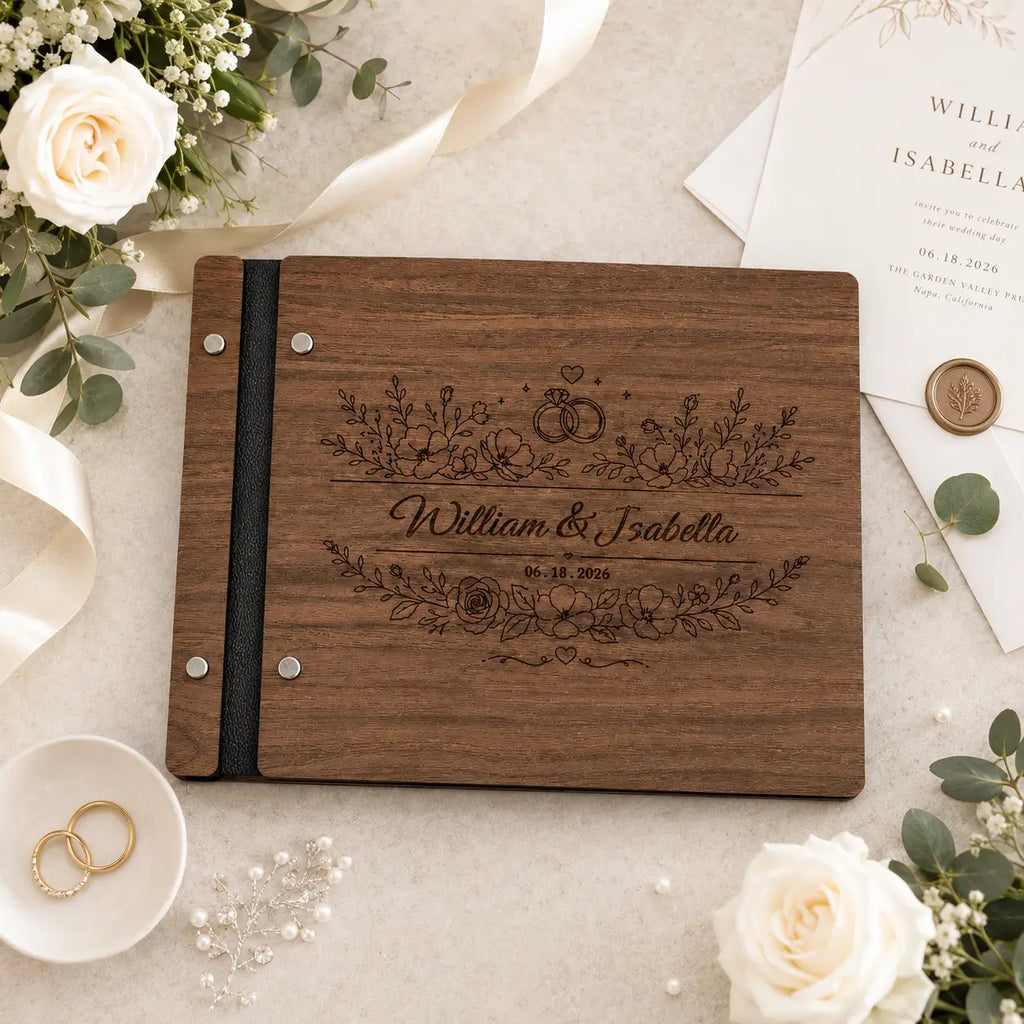 Custom Engraved Wedding Guest Book with Floral Design, Personalized Wooden Keepsake Guestbook