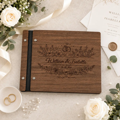 Custom Engraved Wedding Guest Book with Floral Design, Personalized Wooden Keepsake Guestbook