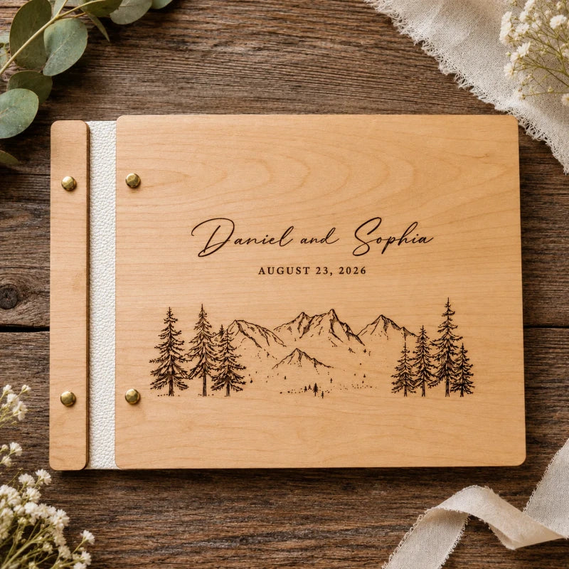 Personalized Wooden Wedding Guest Book – Custom Engraved Rustic Mountain Guestbook for Weddings & Couples