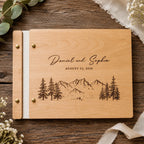 Personalized Wooden Wedding Guest Book – Custom Engraved Rustic Mountain Guestbook for Weddings & Couples